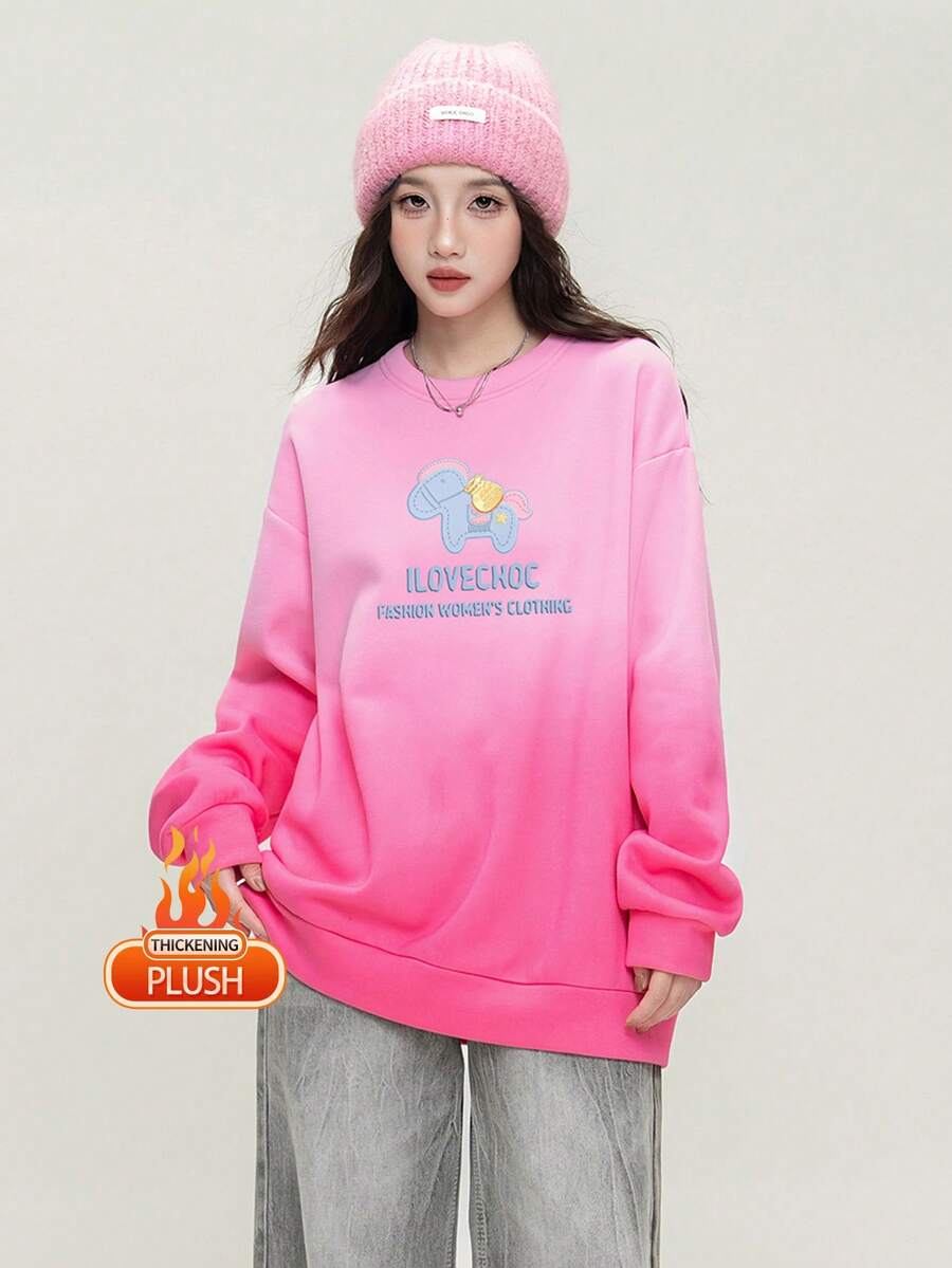 JUTU 春秋女式渐变字母印花卫衣，休闲优雅长袖套头衫 - 899淺粉紅-1183 - 查看 1