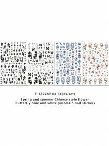 4 Pieces Of Spring And Summer Valentine's Day Flower Nail Art Stickers - DIY Art Design Of Chinese Style Flowers, Leaves, Butterflies, Birds, And Blue And White Porcelain, Suitable For Women's Daily Life, Weddings, And Festivals. Disposable Self-Adhesive Back Adhesive Nail Art Stickers With A Fresh And Chinese Theme Style, Easy To Stick Nail Decoration Stickerss - Multicolor - View 6