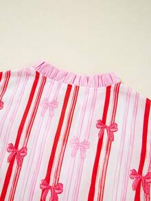 Women's Pink Ric-Rac Trim Ruffle Sleeve V Neck Bow Striped Blouse Sweet Tops Valentines Days Shirt Top - Hot Pink - View 7