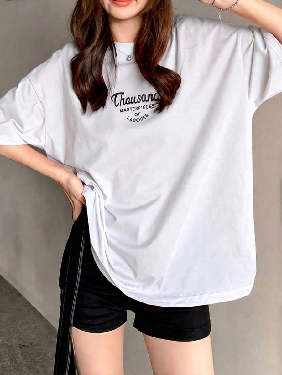 Women's Round Neck Short Sleeve T-Shirt, Summer New Letter Print, Fashion Casual Versatile Loose Top - White - View 1