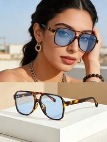 1pc Unisex Double Bridge Minimalist High-Quality Glasses, Suitable For Travel, Vacation, Casual, Party And Daily Wear - Leopard Frame Blue Piece - View 1