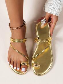 女士兩種穿法扁平涼鞋,帶腳趾環,金色,2024新潮流
