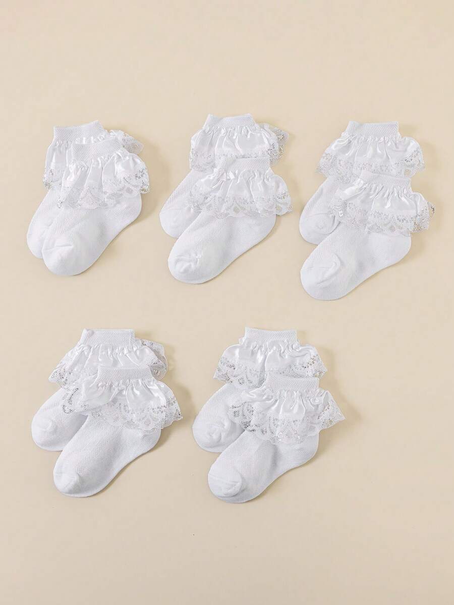 5 Pairs Girls' White Casual Ruffled Edge Mesh Socks, Fashionable Breathable Lace Trim Socks, Soft & Comfortable Princess Style Socks Suitable For Daily Wear, Parties, Back To School, Holidays, Dance Performances - White - View 1