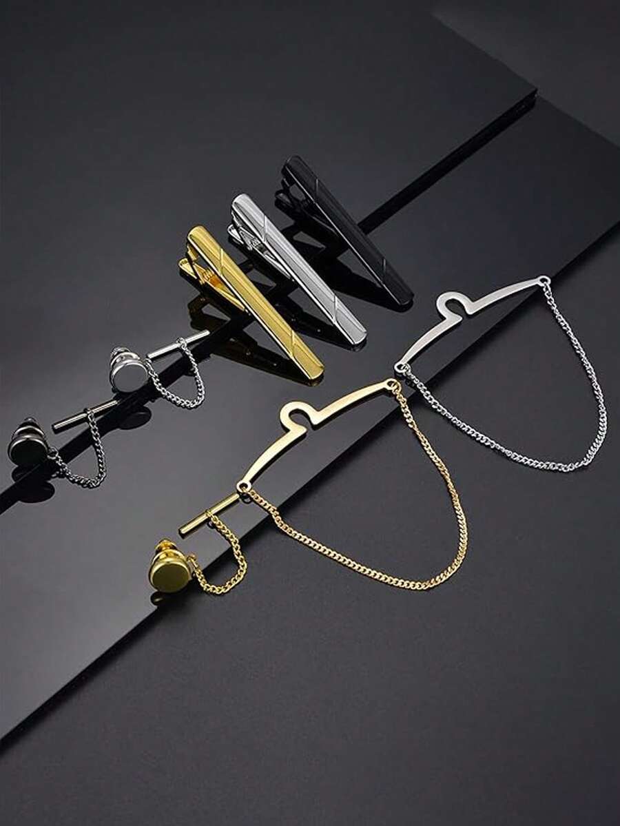 3/9 Pieces Of Men's Tie Clips, Tie Bars & Tie Chains In Silver, Black And Gold - Suitable For Weddings, Meetings, Business Events And Anniversaries - Multicolor - View 1