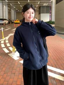 女士蓬松羊羔绒外套，立领拉链卫衣，秋冬款 - 藏蓝色 - 查看 6