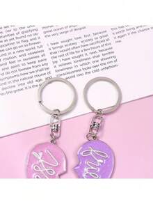 1 Pair Ombre Heart Shaped Pendant Keychain, Best Friends Couple Matching Keyring Bag Charm - Pink + Purple - View 7