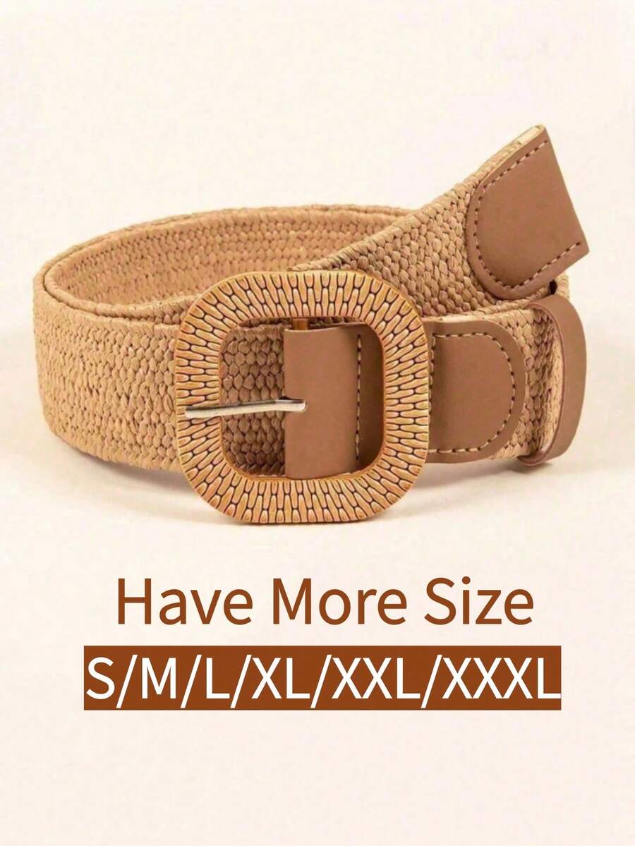 Plus Size Bohemian Style Buckle Woven Elastic Waist Belt, Versatile For Beach Party Dresses, Casual Wear, Spring/Summer Fall, Autumn, Halloween - Khaki - View 1
