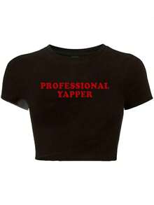 Y2K-Style Women's Cropped Top. Fashion Black Short Sleeve T-Shirt With Red "PROFESSIONAL YAPPER" Words - Black - View 6