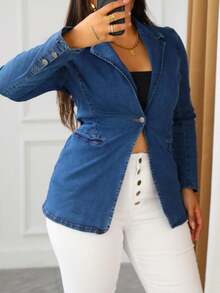 Women Long Sleeve Waist Tucked Tighten Denim Jacket Top Fashion Solid Color Denim Suit Jacket Button Pocket Denim Suit Jacket - Dark Wash - View 5