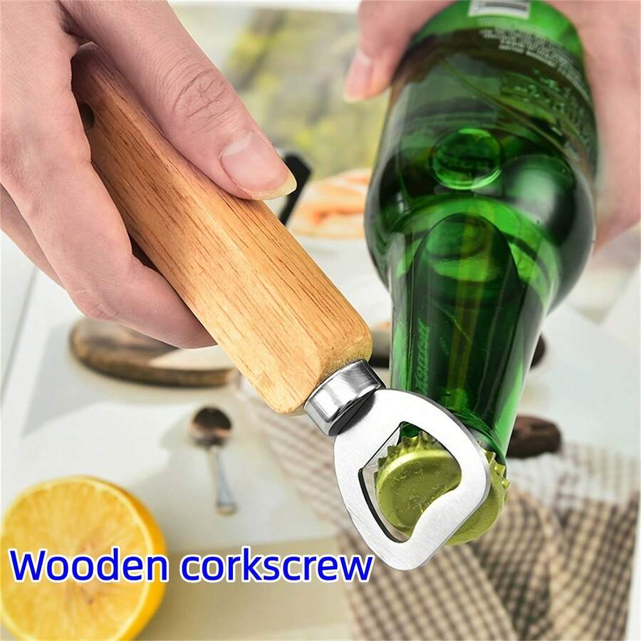 1pc/2pcs Wooden Bottle Opener Handle Crafted From Premium Natural Solid Wood With Distinct, Delicate Grain Patterns And A Warm, Skin-Friendly Texture. Paired With A Sturdy, Durable Stainless Steel Opener Head Featuring High Hardness And Rust Resistance. - Multicolor - View 1