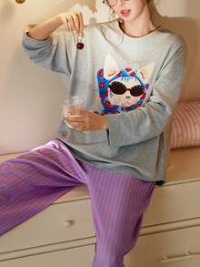 2pcs/Set Women Cotton Cute Printed Long Sleeve Pajama Set, Spring/Autumn - Grey - View 3