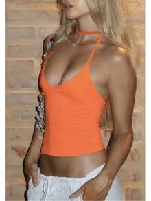 Áo kiểu nữ màu cam trơn cổ chữ V gợi cảm ôm sát phong cách đường phố, áo hai dây crop top hiệu ứng silicon thích hợp cho kỳ nghỉ, tiệc tùng, câu lạc bộ, đi chơi, mùa hè, phong cách thường ngày. - trái cam - Xem 6