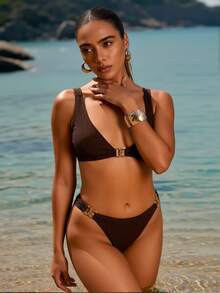 High Stretch Women Bikini Sets Tummy Control Swimsuit Push Up Underwire Top High Waisted Bottom Bathing Suit Quick Dry UV Protection Swimwear For Beach Holiday Surfing Yoga - 卡其色 - 查看 4