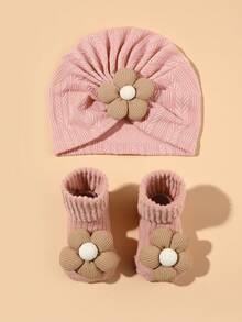 2件装 1-6个月婴儿花朵发带帽和袜子套装，可爱提花花朵帽子套装，春秋季 - 彩色 - 查看 14
