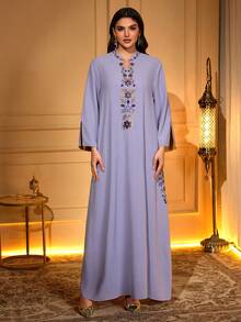 Women's V-Neck Long Sleeve Split-Hem Embroidered Sequin Rhinestone Embellished Elegant Dress - Lilac Purple - View 6