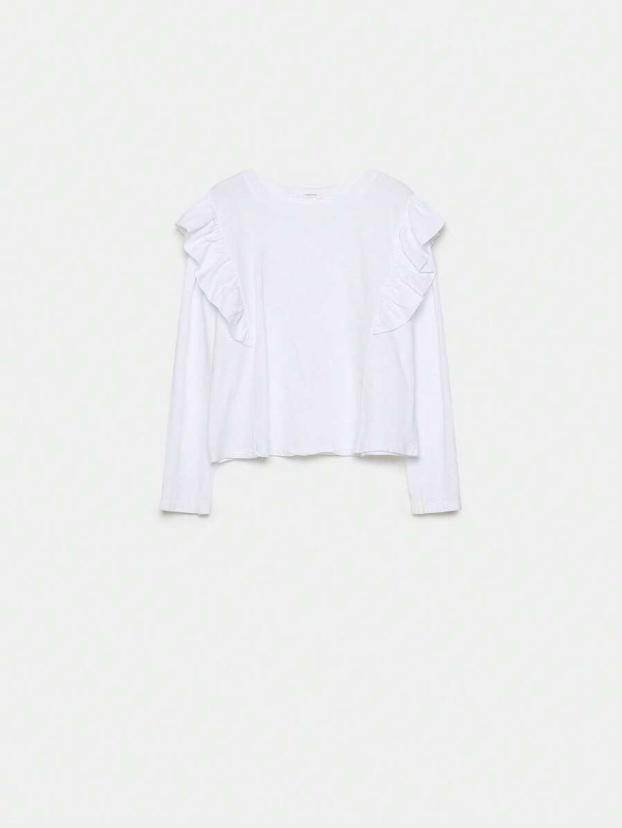 ARMONIAS Camiseta Armonías Teen Laia Blanca de Algodón con Volantes y Manga Larga, Ideal para un Estilo Juvenil y Confortable, Disponible en Tallas S, M y L, Tejido Italiano con Elasticidad Normal para Mayor Comodidad, Perfecta para Looks Casual y Elegantes - Blanco - Ver 1