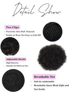 6 8 Inch Human Hair Afro Kinky Puffs Drawstring Ponytail Extensions For Women Natural Black Kinky Curly Afro Puff Remy Human Hair Extensions With 2 Clips Easy Wear - Natural Black - View 4