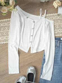 优雅蝴蝶结肩带女士性感简约黑色露肩长袖上衣，适合约会、外出和通勤，秋冬白色夏季款 - 白色 - 查看 6