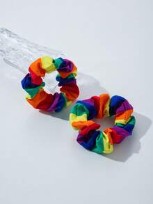 2pcs/Pack Rainbow Striped Elegant Polyester Hair Scrunchies, Suitable For Everyday Wear - Multicolor - View 3