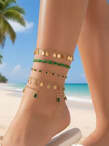 imoli 5pcs/Set Fashionable Braided Detail Rhinestone Decor Round Charm Anklet For Women For Dating Gift - Green - View 3