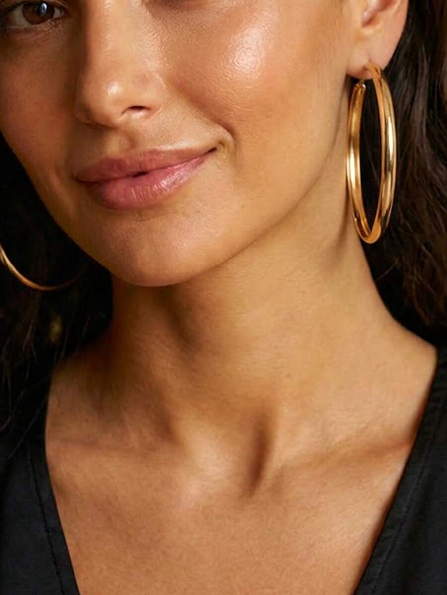 1对春夏中东简约几何圆形优雅时尚休闲派对耳环 - 金黃色 - 查看 1