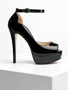 Elegant Black Patent Leather Platform Heels - Peep Toe 5.9 Inch Heel Pumps With Rhinestone Ankle Strap Perfect Stilettos For Parties, Dinners & Date Nights - 黑色 - 查看 3