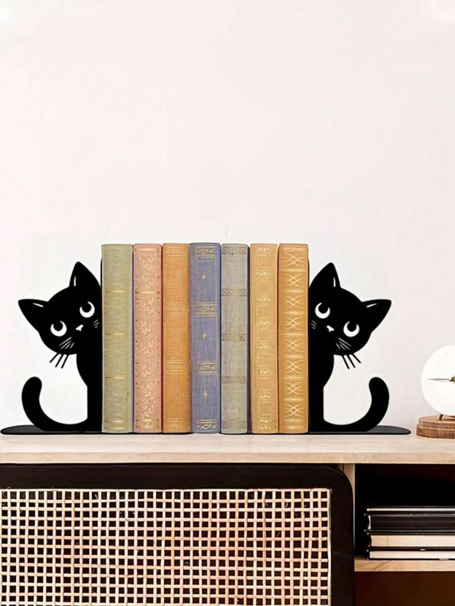 2 piezas Lindos soportes para libros con forma de gato de hierro, soporte de escritorio de metal con diseño de gato caprichoso, organizador de estantería, sujetador de libros, para oficina, biblioteca, decoración de escritorio - gatito - Ver 1