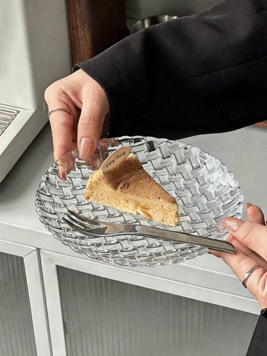 1pc Creative High-End Woven Texture Glass Round Plate, Elegant Transparent Breakfast/Fruit/Dessert Serving Tray - Clear - View 1