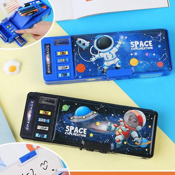 Estuche para lápices de gran capacidad y doble capa con diseño innovador 2026 - Caja de papelería multifuncional de astronauta (incluye: candado con contraseña, botón de mecanismo, sacapuntas de caja de lápices de doble cara, calendario), adecuado para caja de papelería multifuncional de estudiantes