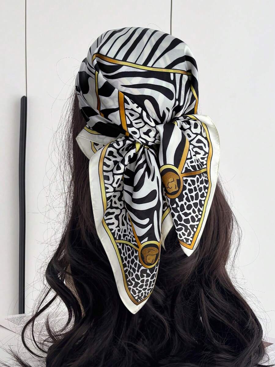 1 pieza Pañuelo de mujer, pañuelo cuadrado de satén tipo seda de morera artificial, pañuelo de moda, bandana, 70cm - Multicolor - Ver 1