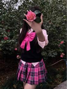 Bộ đồng phục học sinh kiểu Nhật Bản ngọt ngào, gợi cảm: Áo vest màu đỏ đô + Áo thun + Chân váy xếp ly + Nơ lớn, bộ 4 món phù hợp cho tiệc tùng, nhập vai, câu lạc bộ, cosplay, Ngày Valentine. - Nhiều màu - Xem 7