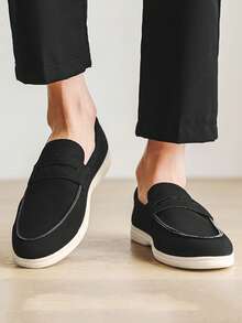 Luxury Men's Slip-On Penny Loafers, Solid Color Faux Suede Casual Shoes, Beige, Soft & Comfortable, Breathable Non-Slip Durable Sole, Fashion Suit, Casual, Student Graduation Ceremony, Business, Party, Wedding, Groom Shoes, Spring/Summer/Autumn, Plus Size - Black - View 4