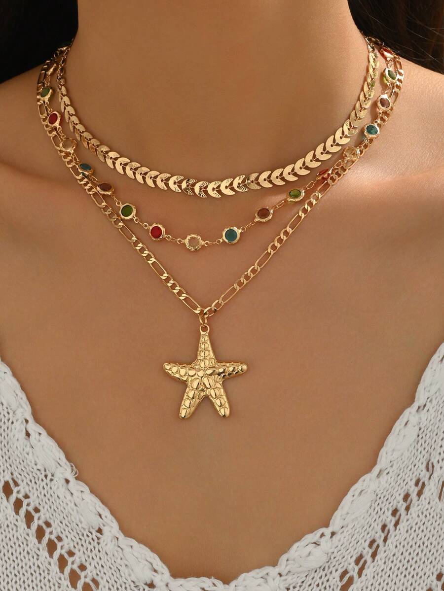مجموعة من 3 قلادة معدنية بشكل نجمة البحر بطراز المحيط، سلسلة عظام السمك بسيطة، قلادة كريستال ملونة لامعة للنساء، مناسبة للارتداء اليومي، السفر إلى الشاطئ، المواعدة، التصوير الفوتوغرافي. يمكن تخصيص طول السلسلة اليدوية، وترتيب حبات الكريستال الملونة عشوائي. - الذهبي - مشاهدة 1