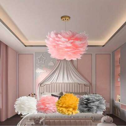 1pc Handmade Bohemian Feather Drum Lamp Shade - High Quality Natural Feathers, Vintage Metal Trim, No Electricity Needed, Modern Minimalist Design, Suitable For Bedroom, Wedding And Home Decor (Grey, Pink, Yellow, White) - Artistic Lamp Shade, Bedroom Lighting | Romantic Decor | Unique Lighting, Bedroom Decor