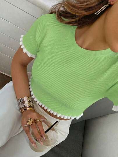 Women's Elegant Holiday/Graduation Knit Top, Casual Short Sleeve Cream Yellow Ruffle Hem Knit Pullover Sweater, Summer