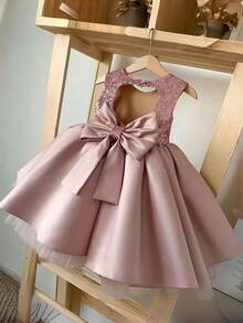 Young Girl's Sequin Bow Party Princess Dress, Suitable For Girls Birthday Party, Banquet Gift, Masquerade Ball, Flower Girl Dress, Holiday Celebration, School Stage Performance - Pink - View 2