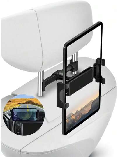 车载头枕平板电脑支架 - 通用可调节汽车后座手机支架，适用于 iPad 和平板电脑，车载旅行娱乐配件