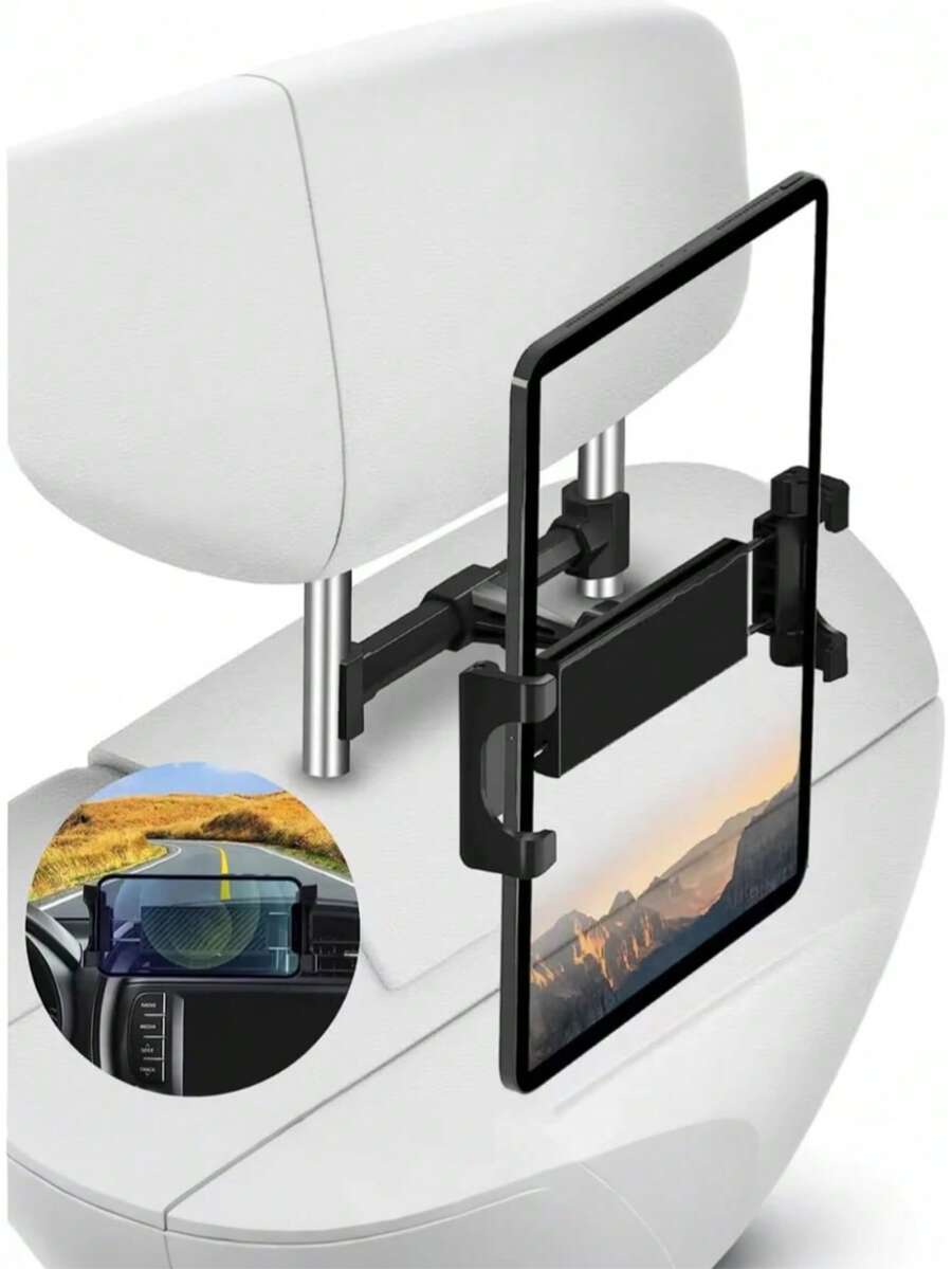 Car Headrest Tablet Mount - Universal Adjustable Auto Back Seat Phone Holder For IPad & Tablets Vehicle Travel Entertainment Accessory