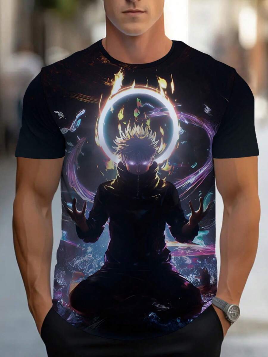 Men's 3D All-Over Print Anime & Cosmic Meditation T-Shirt - Short Sleeve Summer Casual Tee With Full-Body Space Art, Lightweight Durable Black Polyester Shirt For Gym, Relaxation, Or Casual Attire - 黑色 - 查看 1