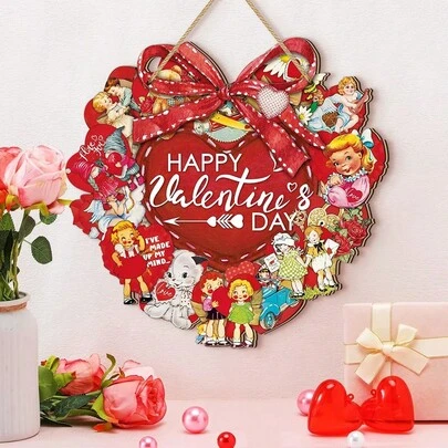 1 pieza Decoración colgante de pared de madera con confesión dulce del Día de San Valentín, declaración "¡Estoy FELIZ el Día de San Valentín", patrón retro de niños abrazando un corazón, decoración romántica y dulce para gabinete interior, ventana, Día de San Valentín, ambiente romántico, regalo, decoración del hogar, decoración de habitación. Adecuado para 11 días festivos