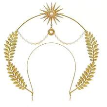 3pcs Ramadan Gold Sun Goddess Boho Baroque Headband + Hexagram Earrings Set, Hexagram Moon Headband, Elegant Headpiece & Earring Accessories Set For Eid Celebration - Gold - View 7