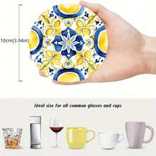 6/8pcs Mediterranean Lemon Pattern, Blue & White Porcelain Design, Round Wooden Coaster Set, Suitable For Patio, Kitchen, Living Room, Home Gathering, Dining Table Decor, Gift For Friends & Family, Suitable For Easter, Valentine's Day, Wedding, Birthday, Party, Home Decor Accessories - Multicolor - View 3