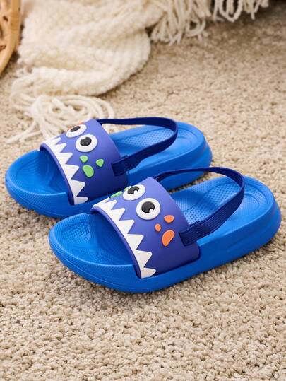 1双儿童男童可爱趣味大眼睛休闲平底露趾户外凉鞋，带后跟带，适合夏季穿着