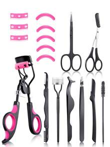 17件/15件/14件/1件睫毛夹套装，男女通用，包含睫毛夹、睫毛梳、睫毛延长器、镊子、眉刷、剪刀、睫毛胶涂抹器、眉毛修剪器和硅胶替换垫。使用方便，睫毛夹可重复使用，便携包装，握感舒适，适合作为母亲节、万圣节、情人节、圣诞节等各种场合的礼物。 - 彩色 - 查看 11