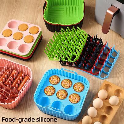 1set, Premium Square Air Fryer Silicone Set - Bacon & Hot Dog Rack, 9-Cavity Cake Mold, Air Fryer Pan, Dishwasher - Compatible With 7QT+ Air Fryers
