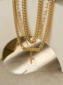 Tkool 3pcs/Set Classic Safety Pin, Paper Clip, Cross Mixed Design Bracelet Set For Women - Yellow Gold - View 1