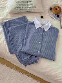 Nina Bonheur 2pcs Women Striped Button-Front Long Sleeve Pajama Set + Drawstring Waist Pants, Cute Sleepwear Suit - Blue - View 9