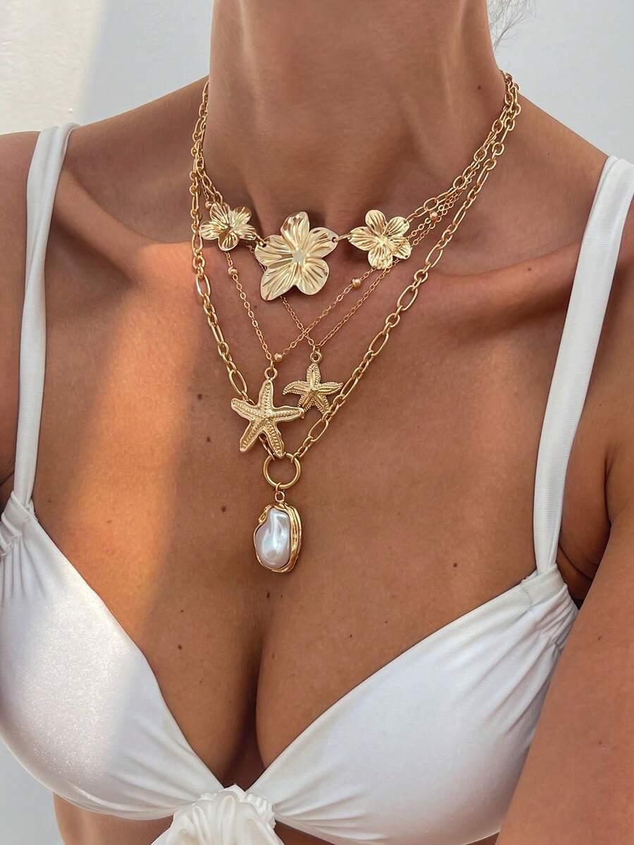 4pcs/Set Ocean Holiday Geometric Delicate Chain Inlaid Faux Pearl Waterdrop, Starfish, Flower Pendant Charm Necklace, Luxurious & Elegant, Suitable For Wedding, Party, Vacation, Casual, Street Style, Women & Couples, Holiday & Birthday Gift - Necklace - View 1