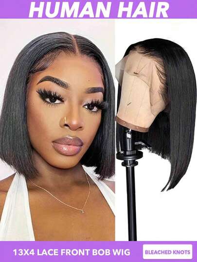 漂白打结波波头假发，真人发，13x4蕾丝前额，短直发，适合，真人发，预先拔毛，侧分，150%/200%密度，黑色，8、10、12、14、16英寸