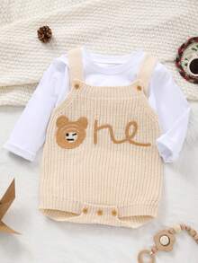Infant Minimalist Bear "One" Letter Embroidery Knit Suspender Romper, Casual Versatile, Suitable For Daily Wear - Apricot - View 1